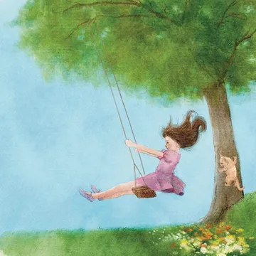Illustration by Beata Banach from inside the book: a girl in a pink dress swings from a tree while a kitten climbs its trunk.